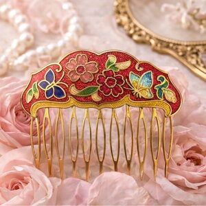 Vintage Floral Hair Comb with Red and Gold Accents